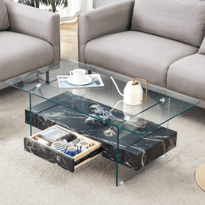 43.3 Inch Modern Two-Tier Coffee Table - Clear Tempered Glass And Black Marble Texture, Multifunctional Storage Design.The Bottom Tier Includes A