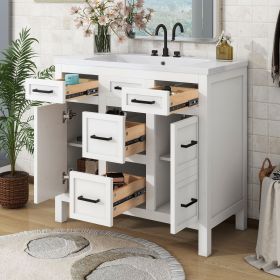 36" Bathroom Vanity Cabinet with Resin Integrated Sink - 4 Drawers, 2 Doors (Color: White, Material: Solid Wood+MDF+Resin)